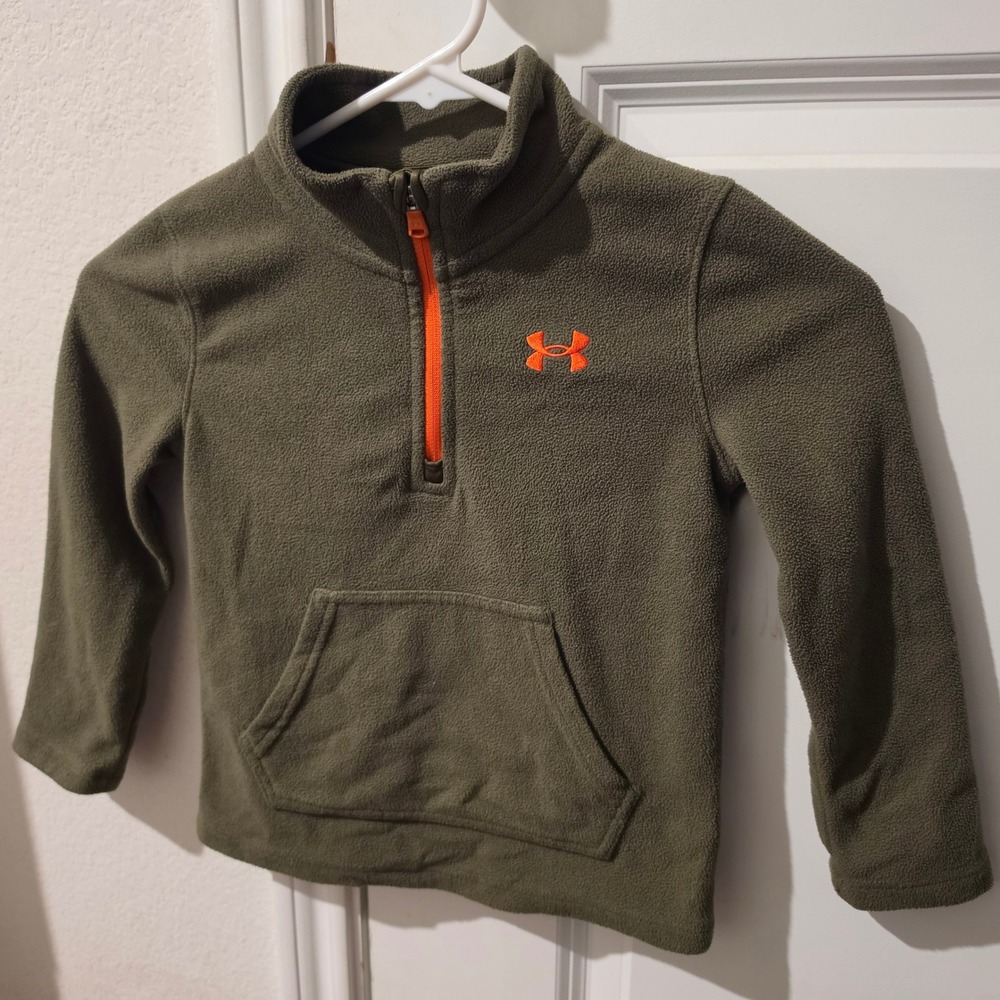 Under Armour Kids 4T Olive Green Orange 1/4 Zip Fleece Pullover Kangaroo Pocket